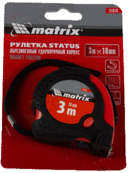 Рулетка Status magnet fixation 3 на 19 обрезиненный корпус, зацеп с магнитом