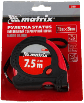 Рулетка Status magnet fixation 7,5 на 19 обрезиненный корпус, зацеп с магнитом